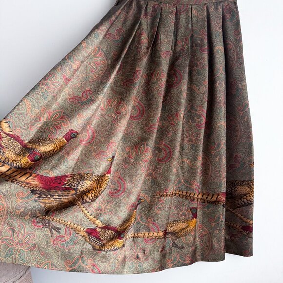 Vintage Ralph Lauren Silk Pheasant Hunting Theme Midi Skirt 8 - Picture 1 of 9